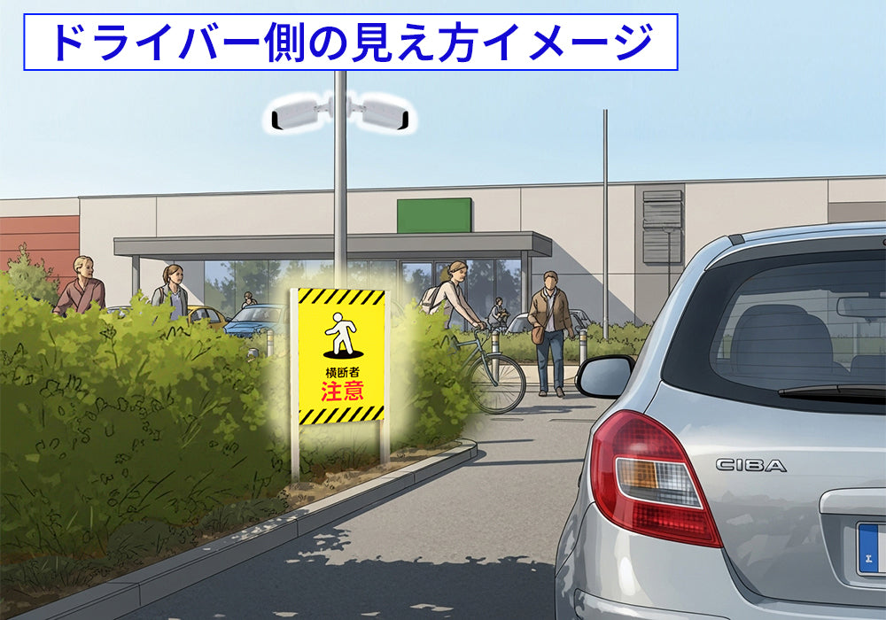 駐車場出口でドライバーから見たサイネージ点灯イメージ。歩行者検知時に「横断者注意」が自動表示されAI交通誘導として機能する